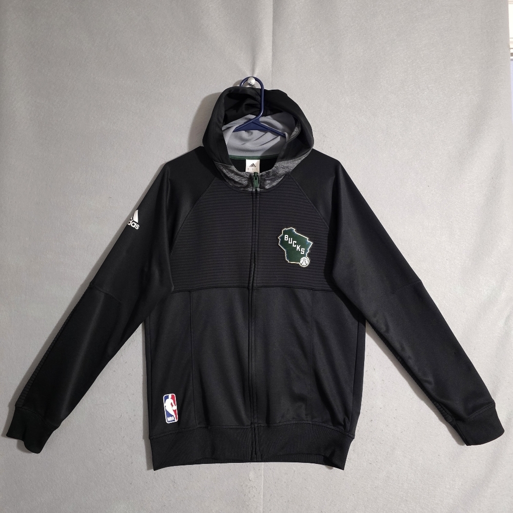 Adidas Mens 2016 Milwaukee Bucks Full Zip Ribbed Hooded Sweatshirt Size Small